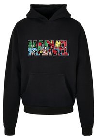 Felpa nera con cappuccio caratterizzata da un audace logo "MARVEL" multicolore accompagnato da varie illustrazioni di supereroi. Include una tasca frontale e polsini a coste.