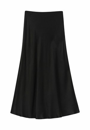 Black skirt made of smooth fabric; A-line shape with a flared hem, featuring a high waistband and no visible fastenings or patterns.