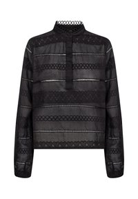 Svart långärmad blus med hög hals, med lager av spetsmönster och transparenta partier, knäppning framtill, kortare modell.