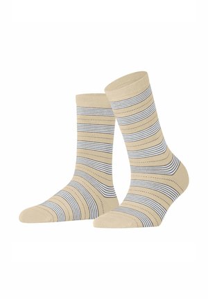 Calcetines beige con rayas horizontales azules y blancas, que presentan una textura suave y un diseño de longitud estándar tipo crew.