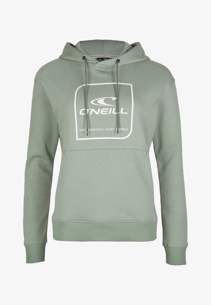 Lichtgroene O'Neill hoodie met een voorzak, een verstelbare trekkoordcapuchon en witte logotekst "The Original Surf Supply" op de borst.
