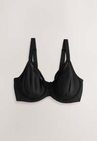 Soutien-gorge noir à armatures avec bretelles réglables et détail en dentelle sur les bonnets et les bords, posé à plat sur un fond clair.