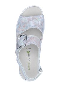Lightweight sandal with a silver iridescent upper, two wide straps, a buckle closure, and a cushioned footbed. White sole with slight texture.