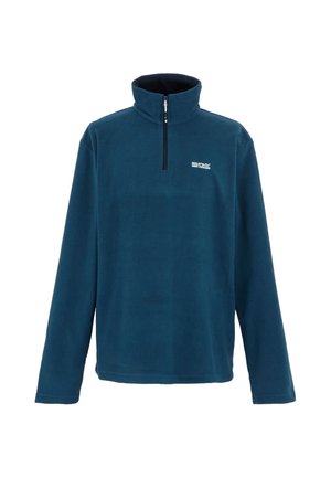 Donkerblauwe fleece trui met lange mouwen, hoge kraag, halve rits aan de voorkant en een klein wit logo op de linkerborst.