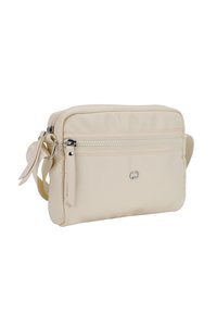 Borsa a tracolla in nylon beige dal design semplice, con una tasca frontale con zip e tracolla regolabile. Presente un dettaglio logo in argento.