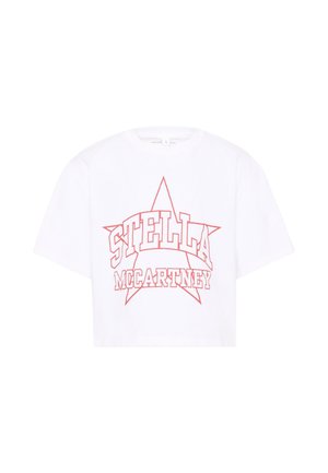 Camiseta blanca de manga corta con estrella delineada en rojo y texto en negrita "STELLA MCCARTNEY" centrado en la parte delantera.