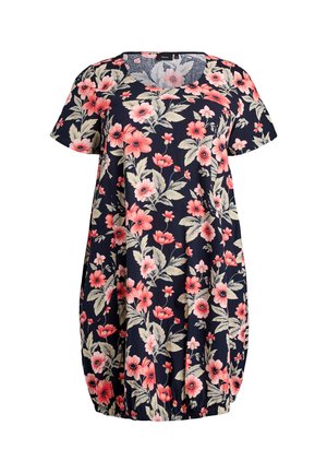 Marineblaues Kleid mit kurzen Ärmeln, rosa und beigem Blumenmuster, Rundhalsausschnitt und gerafftem elastischem Saum.