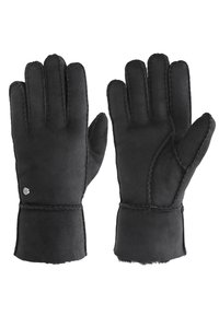 Poros juodos sudirbamos žieminės pirštinės su matomomis siūlėmis ir mažais metaliniais mygtuko akcentais ant vieno riešo.