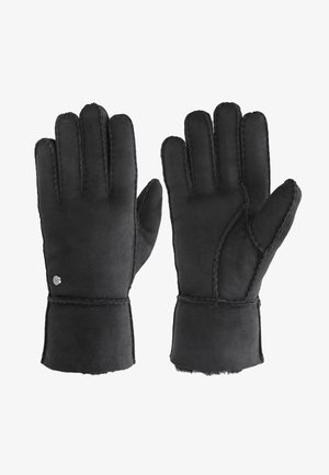 Pár černých zimních rukavic z semiše podšitých látkou, se zřetelným prošíváním a malým kovovým knoflíkem na jednom zápěstí.