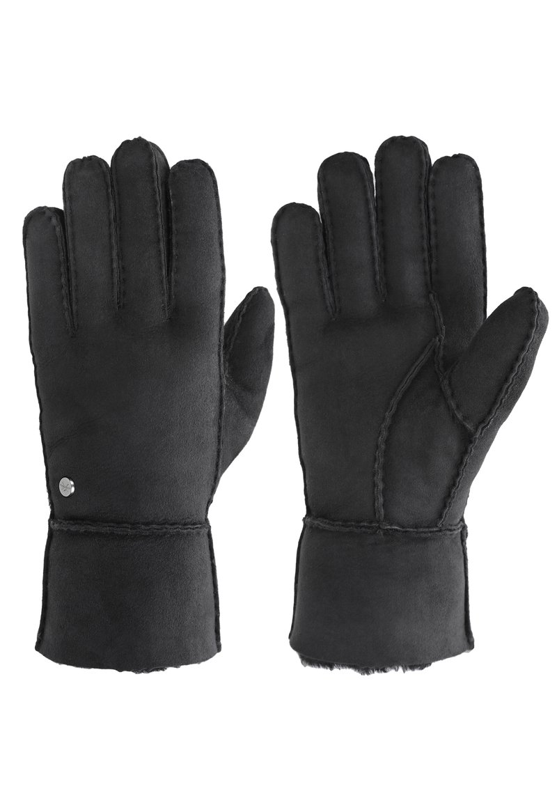 Poros juodos sudirbamos žieminės pirštinės su matomomis siūlėmis ir mažais metaliniais mygtuko akcentais ant vieno riešo.