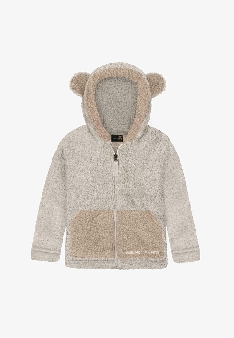 Fleece-Hoodie in Hellgrau mit beigen Akzenten, mit Bärenohren an der Kapuze und einem Frontreißverschluss, sowie zwei großen Taschen.