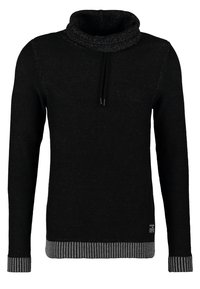 Pull noir en maille avec poignets et ourlet côtelés gris, doté d'un col entonnoir à cordon de serrage.