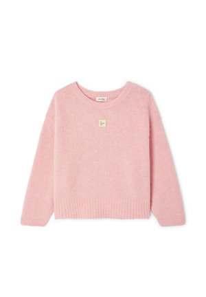 Rozā adīts džemperis ar noapaļotu izgriezumu, ribotām aprocēm un apakšu, kā arī nelielu uzlīmi priekšpusē, ar maigu, teksturētu apdari.