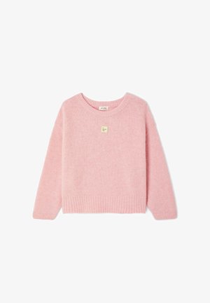 Rozā adīts džemperis ar noapaļotu izgriezumu, ribotām aprocēm un apakšu, kā arī nelielu uzlīmi priekšpusē, ar maigu, teksturētu apdari.