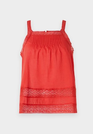 Czerwona, bezrękawnikowa bluzka z lekkiego materiału, z fałdami na górnej części i koronkowymi akcentami wzdłuż dołu i ramiączek.
