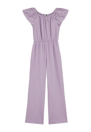 Lillasinine naiste kombinesoon laia lõikega pükstega, elastse vöökohaga, ümmarguse kaelusega ja lühikeste paftvarrukatega, millel on auklõikelised pitsdetailid.