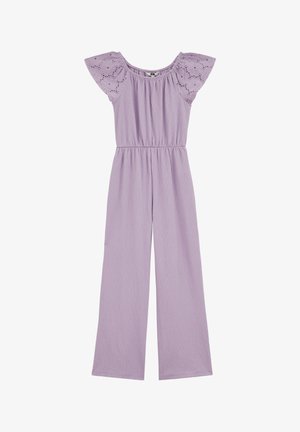 Combinaison pour femme lilas avec pantalon à jambes larges, taille élastique, encolure ronde et manches courtes bouffantes ornées de détails en dentelle ajourée.