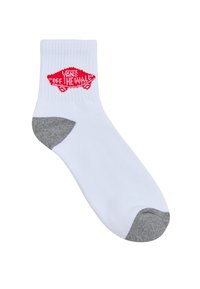Calcetín blanco de tobillo con talón y punta gris, que presenta el logotipo rojo "VANS OFF THE WALL" bordado en el costado. Diseño clásico de puño acanalado.