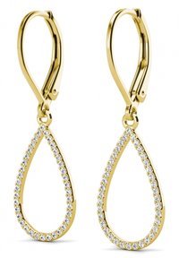 Goldene Tropfenohrringe mit einem geschwungenen Design, verziert mit kleinen klaren Kristallen entlang des äußeren Randes. Polierte Oberfläche, glänzende Textur.