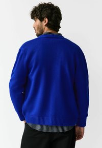 Blauwe gebreide trui met een geribbelde zoom, voorzien van lange mouwen en een losse pasvorm, gecombineerd met een zwart-wit gestreept shirt.