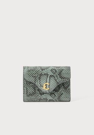 Petit sac pochette rectangulaire avec une texture en cuir de serpent vert et noir et un fermoir décoratif doré sur le rabat avant.