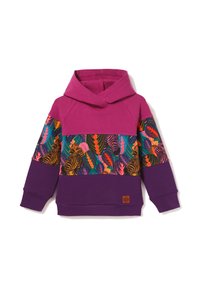 Fioletowa bluza z kapturem z żywym, wielokolorowym wzorem liści i tygrysa na piersi, z kapturem zakładanym na krzyż i ściągaczami na rękawach.