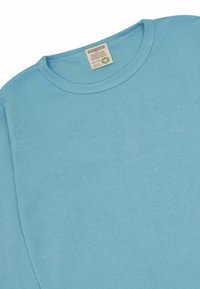 Lichtblauw lange mouwen t-shirt gemaakt van katoen. Heeft een ronde hals en rechte snit met subtiele textuur en een onderhoudsetiket bevestigd.