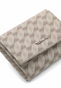Beige wallet with a geometric triangle pattern, made of textured material, featuring a small metal logo on the front. Tri-fold design.