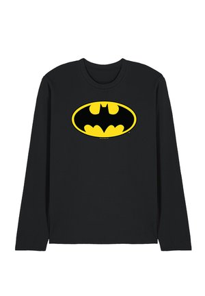 Black long-sleeve shirt with a large yellow Batman logo on the chest featuring a black bat silhouette inside an oval.
