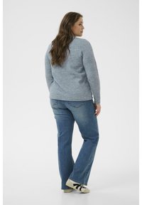 Maglione grigio chiaro in maglia con maniche lunghe, abbinato a jeans blu a gamba dritta. Il modello è in piedi con la schiena rivolta verso la fotocamera, indossando scarpe casual.
