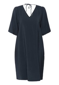 Navy blue dress made from lightweight fabric, featuring a V-neckline, short puff sleeves, and a tie detail at the back. Smooth texture.