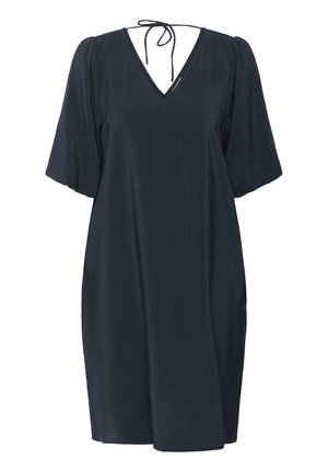 Námornícky modré šaty z ľahkej tkaniny, s výstrihom do V, krátkymi mašľovými rukávmi a viazaním na chrbte. Hladká textúra.