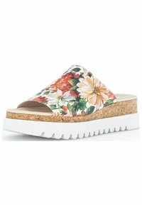 Kwiatowe klapki na białej platformie i korkowej podeszwie. Posiadają intensywne kwiaty w odcieniach czerwieni, pomarańczy i zieleni na jasnym tle.