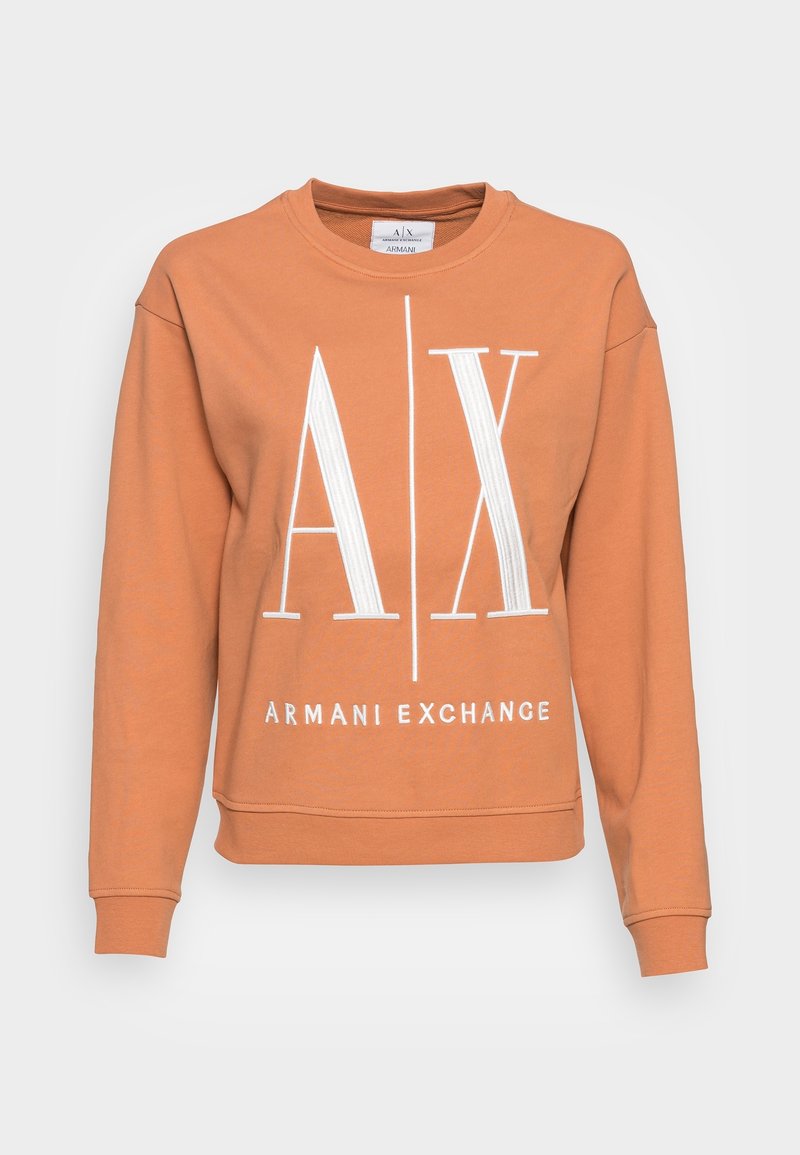 Sweat-shirt orange rouille à manches longues avec texte du logo blanc Armani Exchange à l'avant.