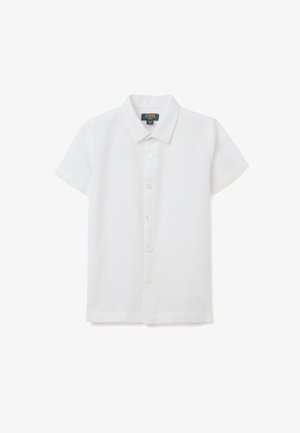 Korte mouwen witte blouse gemaakt van lichtgewicht stof, met een klassieke kraag, zeven knopen en een rechte zoom.