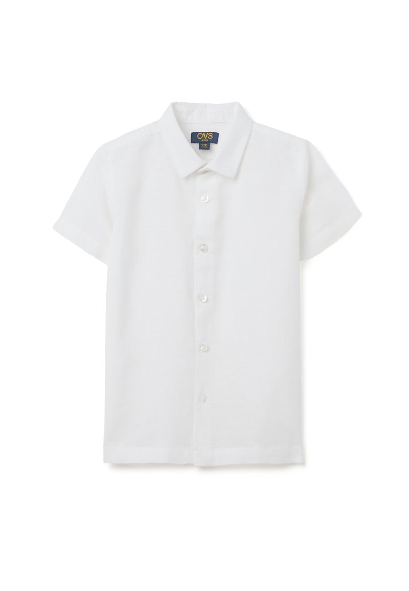 Korte mouwen witte blouse gemaakt van lichtgewicht stof, met een klassieke kraag, zeven knopen en een rechte zoom.