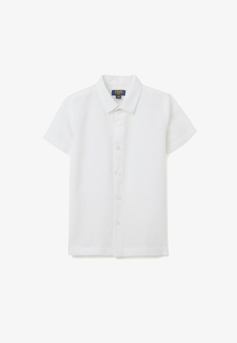 Korte mouwen witte blouse gemaakt van lichtgewicht stof, met een klassieke kraag, zeven knopen en een rechte zoom.