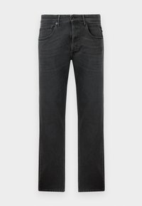 Black straight-leg jeans, made of denim, featuring five pockets, belt loops, and a button closure with a zip fly. Subtle faded texture.