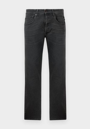Jeans negre cu tăietură dreaptă, din denim, cu cinci buzunare, bucle pentru curea și închidere cu nasture și cremalieră. Textură subtilă decolorată.