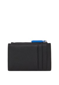 Billetera de cuero negro con una superficie texturizada, cuenta con un compartimento con cremallera y ranuras para tarjetas, acentuada por un tirador de cremallera azul.