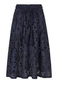 Gonna in pizzo blu navy con motivo floreale e vita intrecciata, caratterizzata da una chiusura a lacci e frange decorative lungo l'orlo.