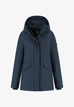 Dames donkerg blauwe winterjas met capuchon, front rits, drukknoopsluitingen en twee flapzakken.