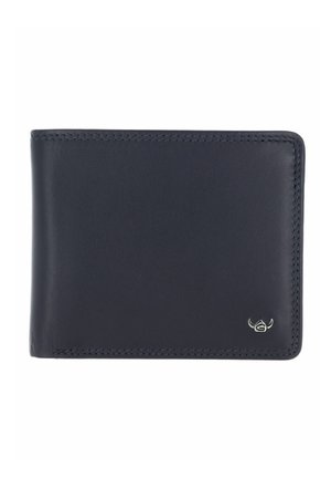 Portefeuille en cuir noir bifold avec couture visible et petit logo argenté dans le coin inférieur droit.