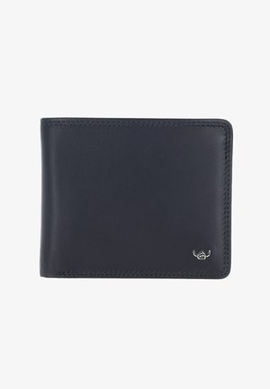 Portefeuille en cuir noir bifold avec couture visible et petit logo argenté dans le coin inférieur droit.