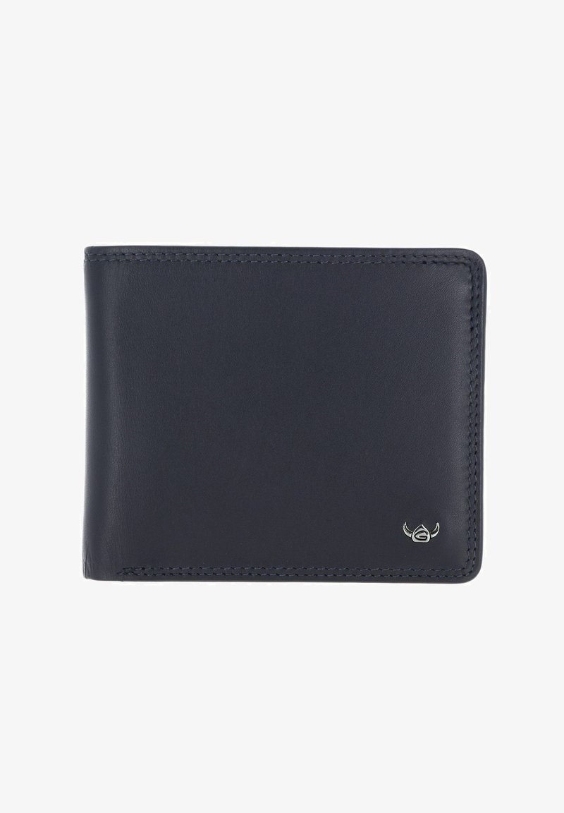 Portefeuille en cuir noir bifold avec couture visible et petit logo argenté dans le coin inférieur droit.