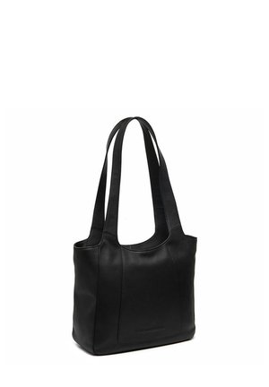 Bolso de hombro de cuero negro con dos tiras largas, base rectangular y detalles de costura sutiles en la parte delantera y los lados.
