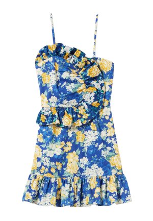 Vestido floral con base azul, flores amarillas y blancas. Presenta detalles con volantes en el cuerpo y el dobladillo, con finas tirantes ajustables.