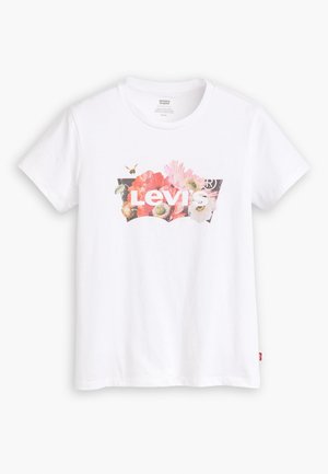 Biała bawełniana koszulka z krótkim rękawem, ozdobiona kolorową grafiką kwiatową oraz logo "Levi's" na środku. Kołnierz typy crew neck.