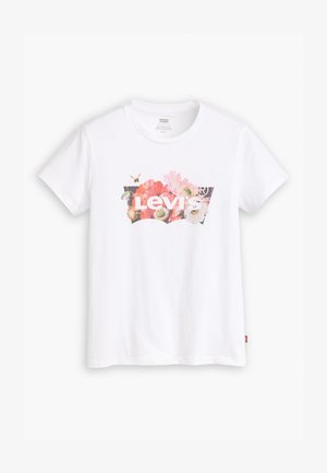 T-shirt bianco in cotone con una grafica floreale colorata e il logo "Levi's" al centro. Design a maniche corte e colletto rotondo.