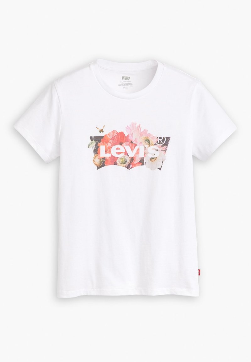 T-shirt bianco in cotone con una grafica floreale colorata e il logo "Levi's" al centro. Design a maniche corte e colletto rotondo.